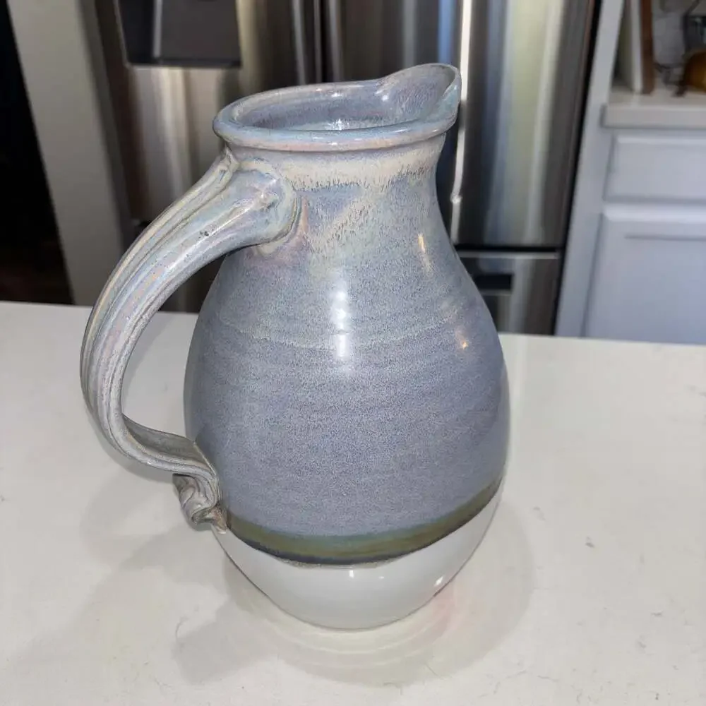 Handmade Studio Pottery Ceramic Pitcher with Blue and White Glaze